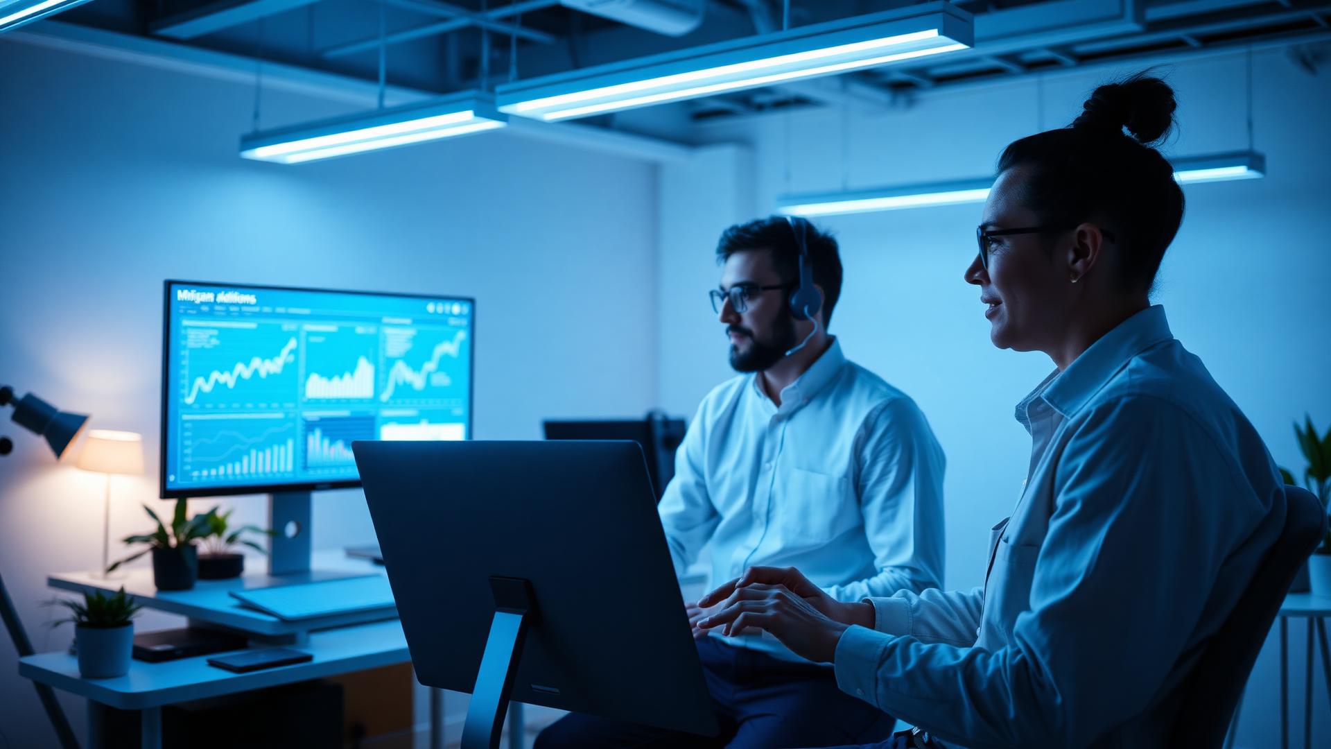 Digital marketing strategists reviewing campaign analytics dashboards